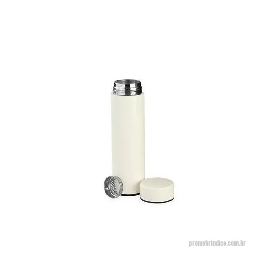 Garrafa térmica personalizada - Garrafa térmica de parede dupla, com parte externa em inox 201 e pintura aplicada por spray, e camada interna em inox 304. Possui capacidade de até 400 ml, tampa rosqueável com parte interna em polipropileno PP e anel de vedação emborrachado, além de