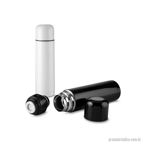 Garrafa térmica personalizada - Garrafa térmica em aço inox com parede dupla isolada a vácuo, com capacidade de até 500 ml. Conserva líquido quente por até 12 horas e líquido frio até 18 horas e sua tampa pode ser usada como copo. Tampa rosqueável.