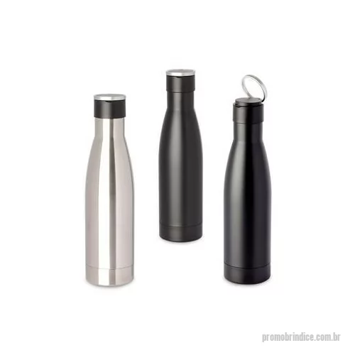 Garrafa térmica personalizada - Garrafa térmica em aço inox isolada a vácuo com parede dupla, tampa de plástico com alça de transporte de aço inoxidável. Com capacidade de até 500ml. Dimensão do produto: 26,4xø6,9cm Peso do produto: 0,280kg
