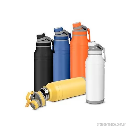 Garrafa térmica personalizada - Garrafa térmica em aço inox com parede dupla isolada a vácuo, com capacidade de até 1,2l. Acabamento na parte externa em tinta pó. Alça de transporte flexivel. Tampa rosqueável com anel de silicone para vedação. Bico rosqueável. Conserva líquidos : ?