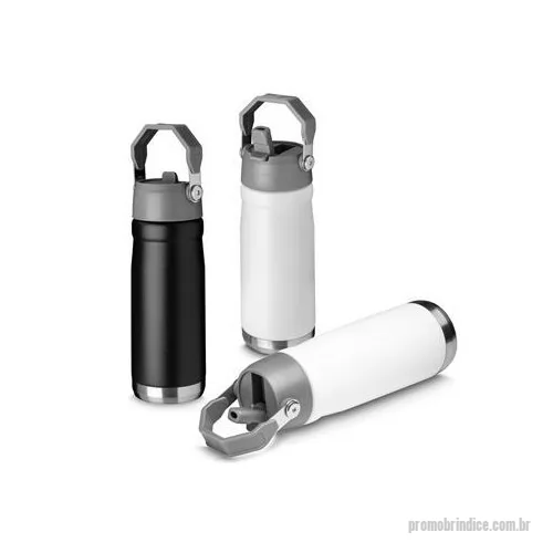 Garrafa térmica personalizada - Garrafa térmica em aço inox com parede dupla, com capacidade de até 650ml. Tampa em plástico, com alça para transporte. Dimensão Produto: 24xø7,4cm Peso do produto: 0,350kg