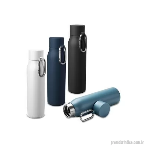 Garrafa térmica personalizada - Garrafa térmica em inox 304 com pintura eletrostática e capacidade para até 550 ml. Possui estrutura de parede dupla e vedação a vácuo, permitindo a conservação de temperatura de líquidos por mais tempo. Conta com tampa em plástico PP com mosquetão r