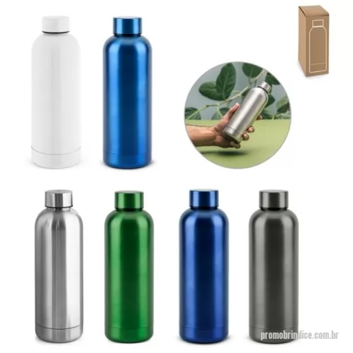 Garrafa térmica personalizada - Garrafa térmica em aço inox 90% reciclado de parede dupla isolada a vácuo. Garrafa com acabamento em mate metálico. Capacidade até 550 mL. Fornecida em caixa presente de papel kraft reciclado. Certificação EU Food Grade. ø73 x 222 mm