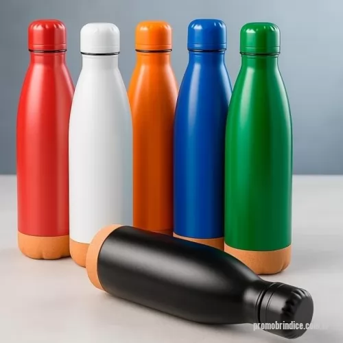 Garrafa térmica personalizada - Descrição: Garrafa térmica feita em inox com fundo em cortiça, tampa de plástico rosqueável e capacidade máxima de até 500ml. Apresenta estrutura de parede dupla e vedação a vácuo, o que permite a manutenção da temperatura de líquidos por mais tempo.  Altura :  27,5 cm  Largura :  7,1 cm  Circunferência :  22,2 cm
