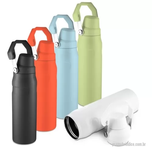 Garrafa térmica personalizada - Garrafa térmica de 750 ml com parede dupla em inox (interno 304 / externo 201), pintura a pó e tampa em plástico PP. A tampa é removível e pode ser encaixada na alça.