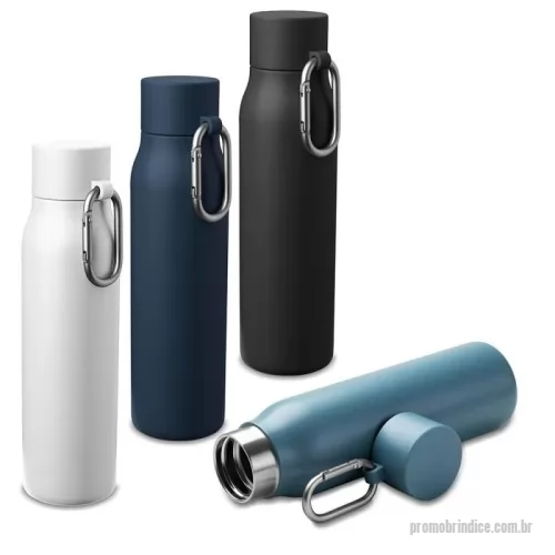Garrafa térmica personalizada - 	Garrafa Térmica de 550 ml com parede dupla em inox reciclado (externo 304 / interno 201), tampa em plástico PP, mosquetão em alumínio e acabamento com pintura a pó.