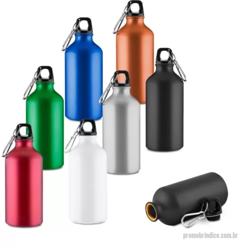 Garrafa térmica personalizada - Garrafa em alumínio com capacidade para até 550ml com acabamento fosto, exeto a cor branca. Possui tampa rosqueável em plástico e mosquetão metálico acoplado à tampa para transporte.  Cor branca com acabamento brilhoso.