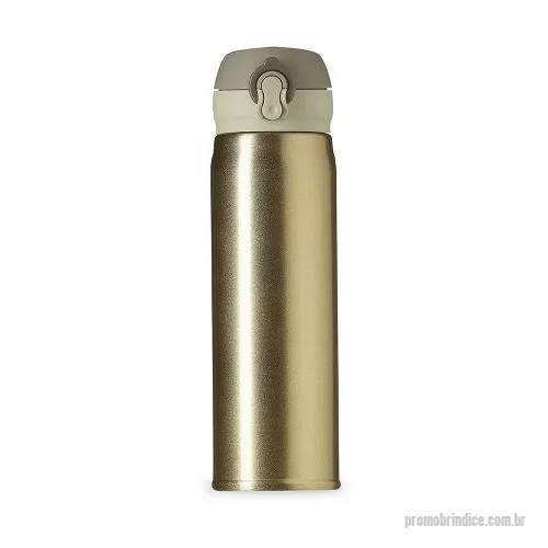 Garrafa térmica personalizada - Garrafa térmica de 400ml de inox colorida com botão e válvula para abertura. Possui um sistema de trava (basta mover para cima/baixo para abrir/fechar), pressione o botão central para abrir a tampa(possui na parte interna borracha protetora evitando vazar o líquido). Para abrir a tampa por completo basta rosqueá-la, parte interna revestida em inox. Na embalagem do produto pode ir especificado a capacidade de 450ml ou 500ml devido aos fabricantes que trabalham terem impresso a descrição deste modo, porém ressalvamos a capacidade correta de 400ml.  Medidas aproximadas para gravação: (CxL): 16 cm x 6 cm Tamanho: (CxL): 22,7 cm x 7,2 cm x 20,5 cm