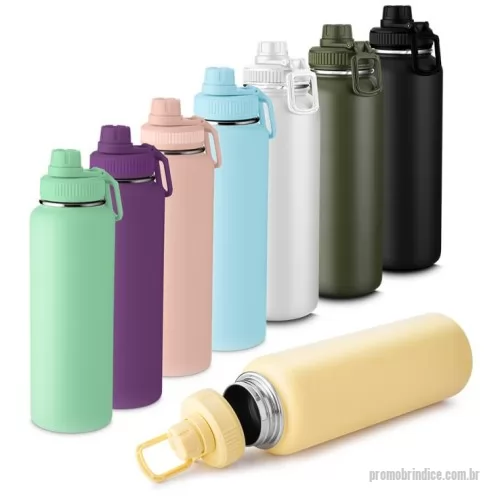 Garrafa térmica personalizada - Garrafa térmica em aço inox com parede dupla isolada a vácuo e com capacidade de 1,2l. Alça plástica para transporte, bico rosqueável para fácil acesso e tampa rosqueável com anel de silicone. Conta com uma pintura a pó.  Conserva líquidos : ??8 horas ??12 horas