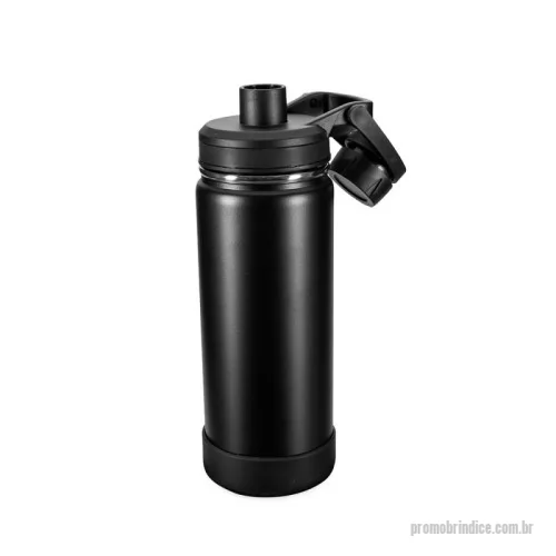 Garrafa térmica personalizada - Garrafa térmica em inox com pintura eletrostática e capacidade de até 550ml. Mantém a temperatura de líquidos por mais tempo graças à estrutura de parede dupla e ao isolamento a vácuo. Possui tampa plástica rosqueável com protetor de bocal e alça fixa. Acompanha protetor removível em silicone para a base.