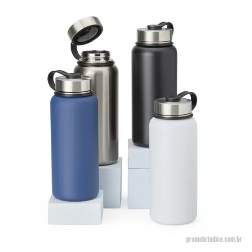 Garrafa térmica personalizada - Garrafa térmica de parede dupla em inox, capacidade de 950ml. Tampa rosqueável com alça para transporte.
