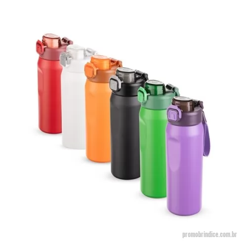 Garrafa térmica personalizada - Garrafa térmica em inox SUS 304. Conta com estrutura de parede dupla e vedação a vácuo, ajudando a conservar a temperatura dos líquidos por mais tempo. Possui sistema de canudo com acionamento e dois modos de uso para beber, sendo um deles através da abertura principal e outro por meio do bico em plástico polipropileno (PP) integrado à tampa. Sua tampa é rosqueável em plástico, com protetor para o bocal e para o bico suporte do canudo, além de trava de segurança que impede a abertura do proteto