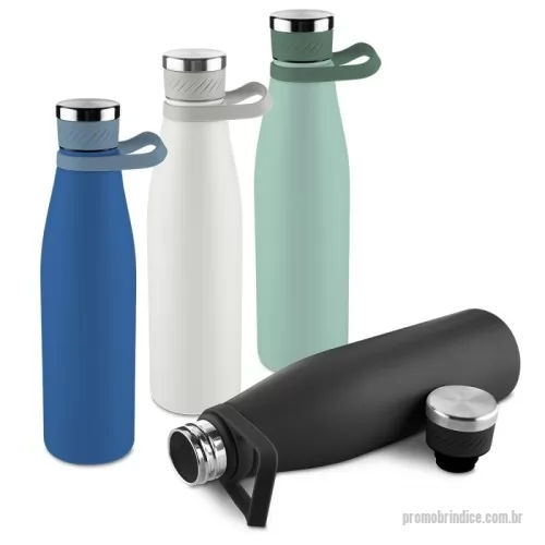 Garrafa térmica personalizada - Garrafa térmica em inox com pintura eletrostática capacidade máxima de 750ml. Possui estrutura de parede dupla e vedação a vácuo, que permite conservar a temperatura de líquidos quentes ou frios por mais tempo. Conta ainda com tampa rosqueável em inox, com revestimento externo em silicone, e acompanha alça removível em silicone para transporte.