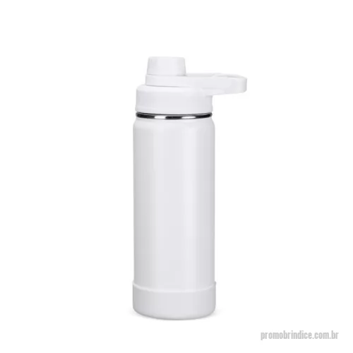 Garrafa térmica personalizada - Garrafa térmica em inox com pintura eletrostática e capacidade de até 550ml. Mantém a temperatura de líquidos por mais tempo graças à estrutura de parede dupla e ao isolamento a vácuo. Possui tampa plástica rosqueável com protetor de bocal e alça fixa. Acompanha protetor removível em silicone para a base.