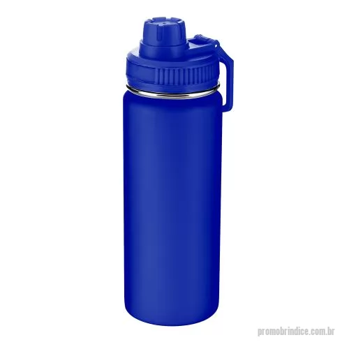 Garrafa térmica personalizada - Garrafa térmica em aço inox com parede dupla isolada a vácuo e com capacidade de 570 ml. Tampa rosqueável com anel de silicone, alça plástica em formato de mosquetão e bico rosqueável para fácil acesso. Design com frisos na tampa e pintura a pó.