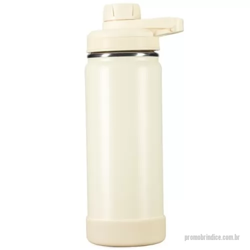 Garrafa térmica personalizada - Garrafa térmica em inox com pintura eletrostática e capacidade de até 550ml. Mantém a temperatura de líquidos por mais tempo graças à estrutura de parede dupla e ao isolamento a vácuo. Possui tampa plástica rosqueável com protetor de bocal e alça fixa. Acompanha protetor removível em silicone para a base.