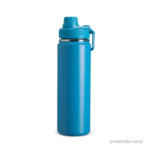 Garrafa térmica personalizada - Garrafa térmica feita em inox com pintura eletrostática e capacidade de até 750ml. Possui estrutura em parede dupla e isolamento a vácuo, o que permite manter a temperatura de líquidos conservada por mais tempo. Conta ainda com tampa rosqueável em plástico, protetor para o bocal e alça retangular para transporte.