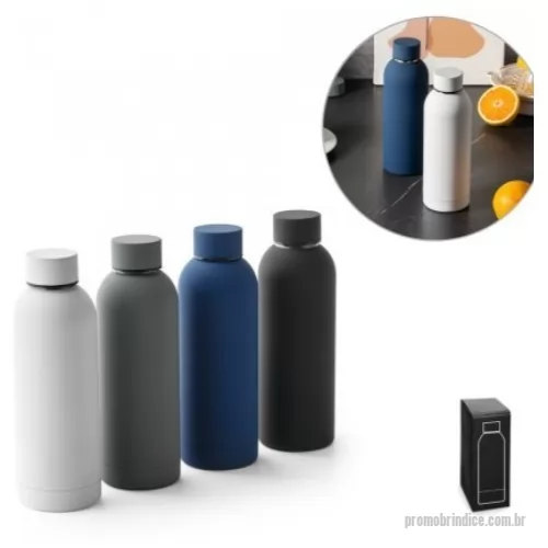 Garrafa térmica personalizada - Garrafa térmica em aço inox 36% reciclado com parede dupla isolada a vácuo e tampa em aço inox. Parede com acabamento emborrachado dando um toque sofisticado. Capacidade até 550 mL. Fornecida em caixa presente. Certificação EU Food Grade. ø70 x 220 mm | Caixa: 76 x 76 x 225 mm