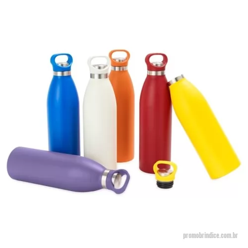 Garrafa térmica personalizada - Garrafa térmica com capacidade máxima de 750ml. Possui estrutura de parede dupla com interior em inox 304 e exterior em inox 201 com pintura eletrostática. Conta com tampa rosqueável em inox 201, parte interna e alça fixa em plástico polipropileno (PP), além de base em borracha termoplástica (TPR) antiderrapante. Gravação da logomarca a laser já incluso.