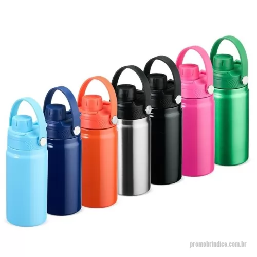 Garrafa térmica personalizada - Garrafa térmica em inox com capacidade para até 400ml. Apresenta estrutura de parede dupla e vedação a vácuo, que mantém a temperatura de líquidos por mais tempo sem transferência para o exterior. Possui tampa plástica rosqueável com protetor de o bocal e alça fixa para transporte.