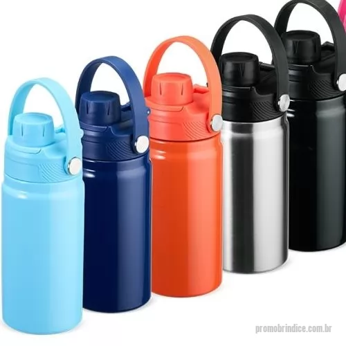 Garrafa térmica personalizada - Garrafa térmica de inox com parede dupla e tampa dupla, capacidade de 1 litro. Com alça plástica para transporte, a garrafa contém duas tampas utilizáveis como copos.