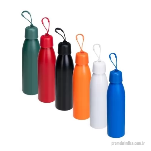 Garrafa térmica personalizada - Garrafa térmica de parede dupla, com parte externa em inox 201 e pintura aplicada por spray, e camada interna em inox 304. Com capacidade para até 500ml, conta ainda com tampa rosqueável em polipropileno (PP) e anel de vedação emborrachado, além de alça em nylon com detalhe em plástico.