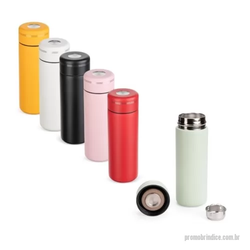 Garrafa térmica personalizada - Garrafa térmica com capacidade máxima de 300ml. Possui estrutura de parede dupla com interior em inox 316, exterior em inox 201 e pintura eletrostática, além de base emborrachada antiderrapante. Apresenta tampa rosqueável com anel de vedação em silicone. Acompanha cesto infusor em inox com alça.