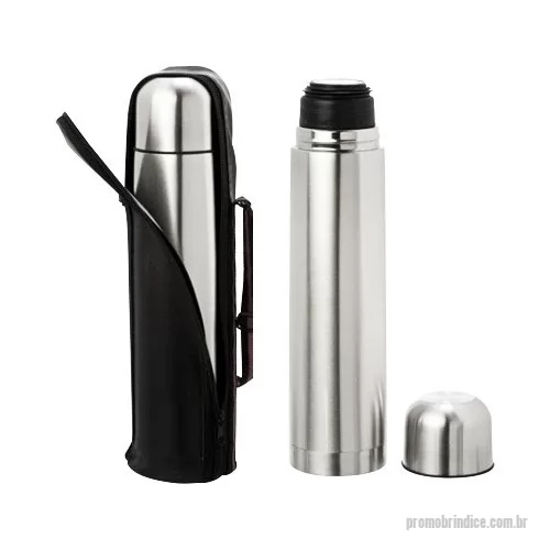 Garrafa térmica personalizada - Garrafa térmica 500ml em inox com tampa rosqueável, tampa interna em plástico resistente(basta um clique para abrir ou fechar). Acompanha capa protetora de couro sintético com alça de nylon. Gravação em laser.