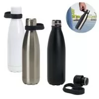 Garrafa Térmica Inovut - 510ml. Em aço inoxidável com parede dupla, tampa com vedação à prova de vazamento, alça em silicone para transporte, pode ser lavada em lava-louças, conserva gelado até 24 horas e quente até 12 horas. Gravação Laser e Silkscreen. Tamanho 25,5x6,5(Diam.) cm
