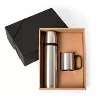 Caixa para presente com squeeze térmico em aço inox 500ml e 01 caneca 180ml em aço inox.