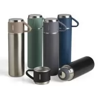 Garrafa térmica 450ml em inox com tampa que pode ser utilizada como caneca, tampa interna em plástico resistente (basta um clique para abrir ou fechar), base com borracha antiderrapante.