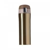 Garrafa térmica 350ml colorida com sistema de trava. Material metálico com revestimento interno em inox, possui tampa plástica fosca com borracha interna para vedação evitando o vazamento de líquido e prezando sua temperatura; possui botão central para abertura e trava lateral(basta seguir a orientação dos desenhos de cadeados simulando o travamento/destravamento da tampa).