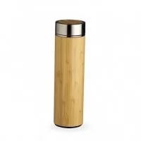 Garrafa de bambu e inox térmica 500ml com parede dupla e infusor. Conserva temperatura quente ou fria.