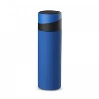 Garrafa térmica em aço inox com parede dupla 400 ml. Tampa rosqueável com apoio para celular.
