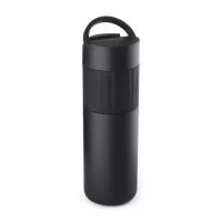 Garrafa térmica de inox com capacidade de 500ml. Tampa com alça e suporte para celular. Detalhe emborrachado.