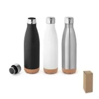 Garrafa em aço inox e base em cortiça com parede dupla com isolamento a vácuo. Mantém as bebidas quentes por 8h e frias por 24h. Tem capacidade até 560 ml. Food grade. Fornecido em caixa.