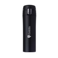 Garrafa térmica 450ml colorida com sistema de trava. Material metálico com revestimento interno em inox, possui tampa plástica fosca com borracha interna para vedação evitando o vazamento de líquido e prezando sua temperatura; possui botão central para abertura e trava lateral(basta seguir a orientação dos desenhos de cadeados simulando o travamento/destravamento da tampa).