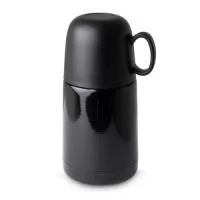 Garrafa térmica 230ml com acabamento degradê, contém tampa hermética rosqueável com botão de acionamento e tampa externa plástica com alça, podendo ser utilizada como xícara.