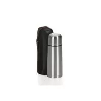 Garrafa térmica 350ml em inox com tampa rosqueável, tampa interna em plástico resistente basta um clique para abrir ou fechar . Acompanha capa protetora de couro sintético com alça de nylon.