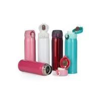 Descrição: Garrafa térmica de 400ml de metal colorida com botão e válvula para abertura. Possui um sistema de trava basta mover para cima/baixo para abrir/fechar , pressione o botão central para abrir a tampa possui na parte interna borracha protetor
