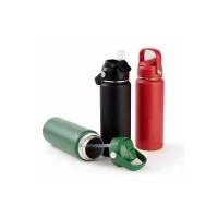 Garrafa térmica de parede dupla com parte externa em inox 201 com pintura eletrostática e camada interna em inox 304. Possui capacidade de até 600 ml, tampa rosqueável em plástico polipropileno PP , bico retrátil em silicone com protetor em plástico 