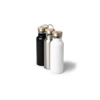 Garrafa de inox com capacidade de 500 ml, tampa em inox com detalhe em bambu e alça de transporte. Altura : 22,3 cm Largura : 7,3 cm Circunferência : 23,8 cm Peso aproximado g : 304