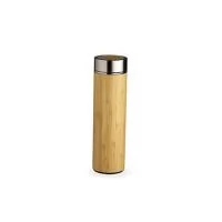 Garrafa de bambu e inox térmica 500 ml com parede dupla e infusor. Conserva temperatura quente ou fria. Altura : 24,4 cm Largura : 6,9 cm Circunferência : 21 cm Peso aproximado g : 333