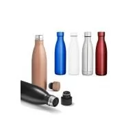 Garrafa em aço inox de parede dupla térmica, isolada a vácuo com tampa em aço inox. Capacidade até 500 mL. Mantém as bebidas quentes por 8h e frias por 24h. Fornecido em caixa presente. Certificação EU Food Grade. ø67 x 255 mm | Caixa: 75 x 75 x 275 