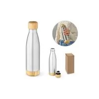 Garrafa em aço inox 90% reciclado de parede dupla térmica, isolada a vácuo. Com tampa e base em bambu. Capacidade até 550 ml. Fornecido em caixa presente kraft. Certificação EU Food Grade. A cor e o resultado da impressão nos materiais naturais pode 