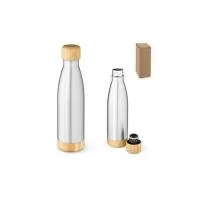 Garrafa em aço inox 90% reciclado de parede dupla térmica, isolada a vácuo. Com tampa e base em bambu. Capacidade até 800 ml. Fornecido em caixa presente de papel kraft. Certificação EU Food Grade. A cor e o resultado da impressão nos materiais natur