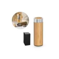 Garrafa térmica. Bambu e aço inox. Com parede dupla e infusor para chá. Capacidade até 430 ml. Fornecida em caixa presente. Food grade. ø69 x 207 mm | Caixa: 72 x 210 x 72 mm