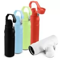 Garrafa térmica de 750 ml com parede dupla em inox (interno 304 / externo 201), pintura a pó e tampa em plástico PP. A tampa é removível e pode ser encaixada na alça.  Conserva líquidos : ??4 horas ??5 horas