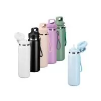 Garrafa térmica com capacidade máxima de 600ml. Possui estrutura de parede dupla com interior em inox 304, exterior em inox 201 e pintura eletrostática. Conta com tampa rosqueável em plástico polipropileno (PP), anel de vedação em silicone, alça fixa com botão de acionamento para a abertura do bico retrátil. Acompanha canudo de silicone para encaixe interno e mosquetão em liga de zinco com alça em poliéster. Altura :  26,4 cm Largura :  7,4 cm Circunferência :  23,2 cm