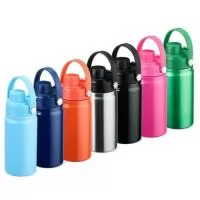 Garrafa térmica em inox com capacidade para até 400ml. Apresenta estrutura de parede dupla e vedação a vácuo, que mantém a temperatura de líquidos por mais tempo sem transferência para o exterior. Possui tampa plástica rosqueável com protetor de o bocal e alça fixa para transporte.